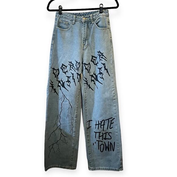 SHEIN Light Wash High Rise Wide Leg Graphic Jeans sz XS - Picture 2 of 16